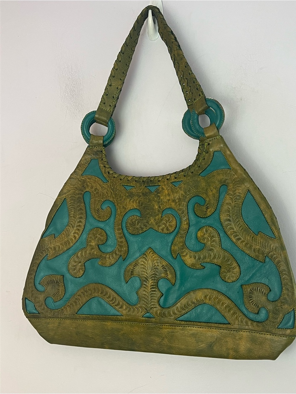 J.L. Saldivar Paraguay Hand Tooled Leather Turquoise Shoulder Bag Boho Artisan